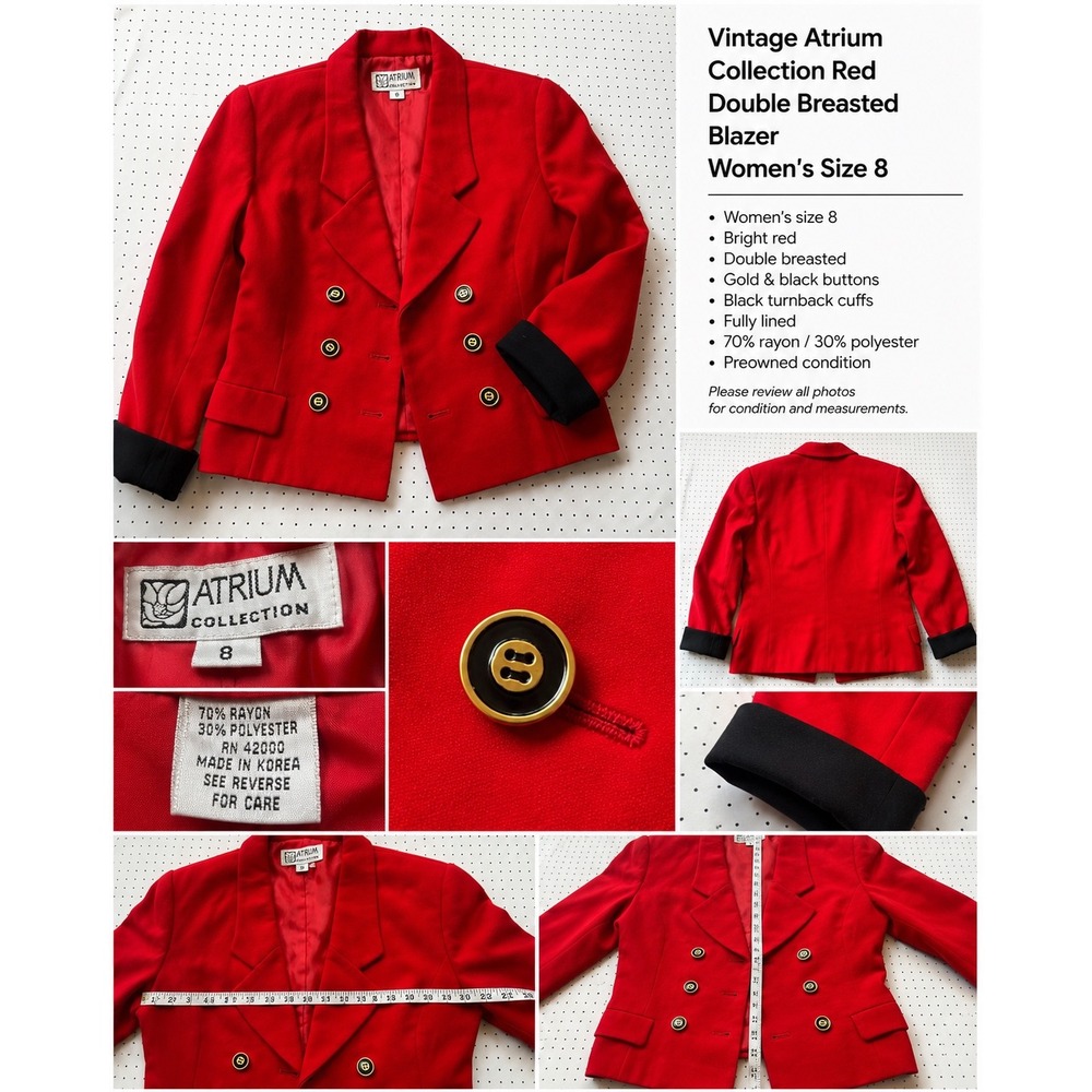 Vintage Atrium Collection Red Double Breasted Blazer Womens 8 Gold Button Jacket